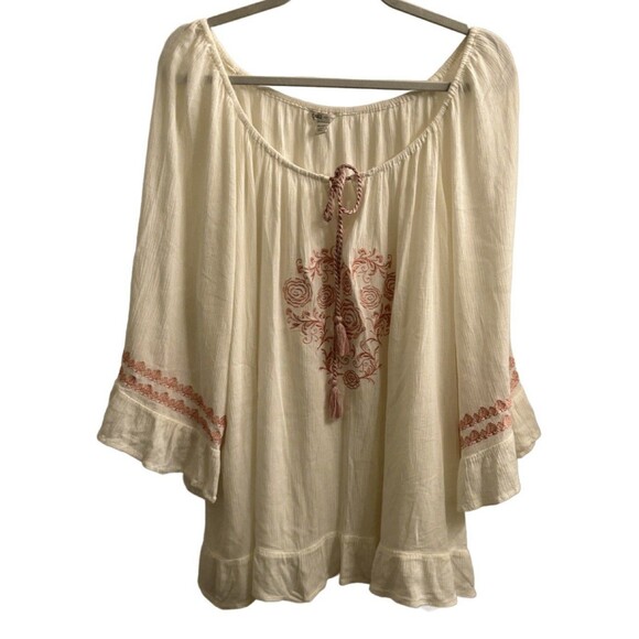 Cato Women's Embroidered Gauze Lace Up Top Plus Size 26/28W Peasant Boho Cream - Picture 1 of 7